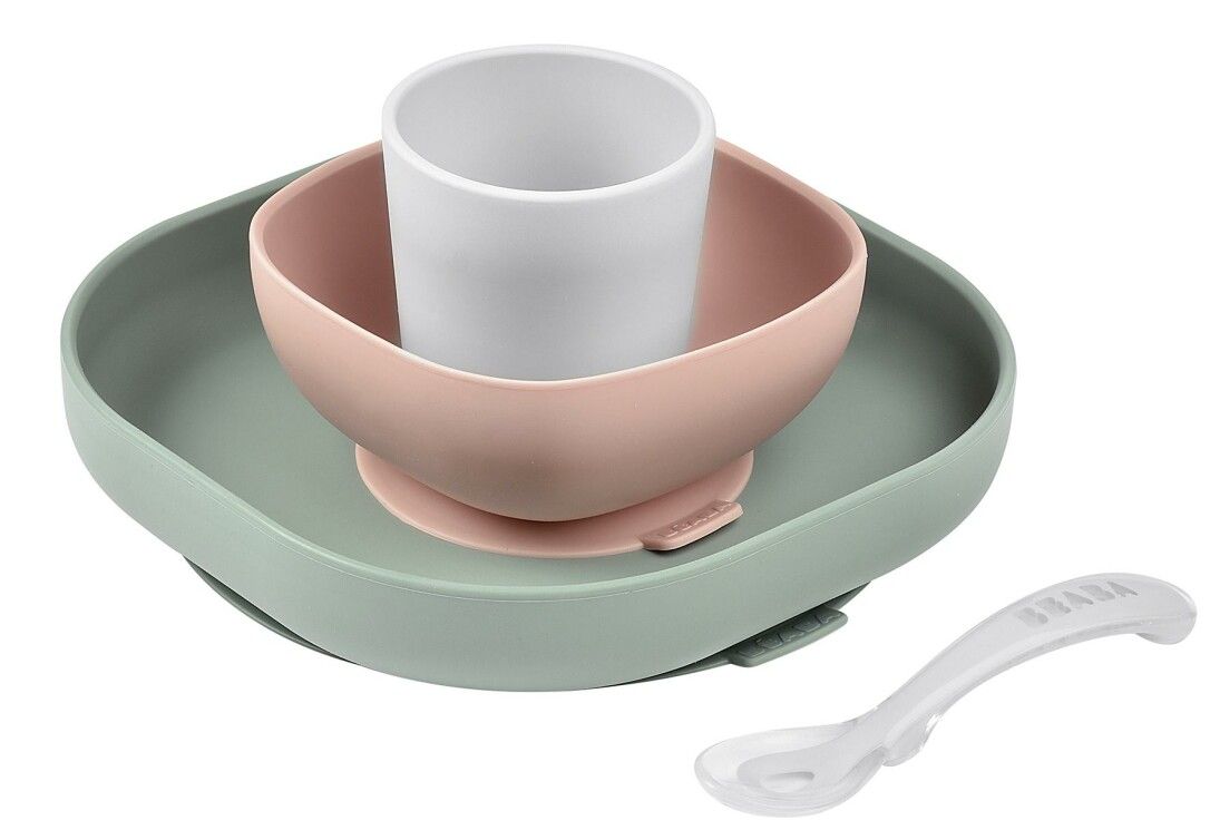 Set di stoviglie con piatto, ciotola, tazza e cucchiaio. Colori: verde, rosa, bianco. Cucchiaio con logo BEABA.