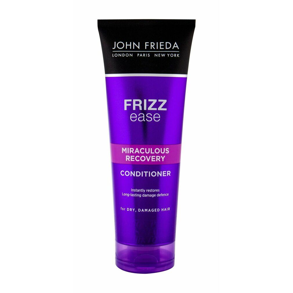 Tubo viola con tappo nero. Scritta: John Frieda, Frizz Ease, Miraculous Recovery Conditioner. Per capelli secchi e danneggiati.