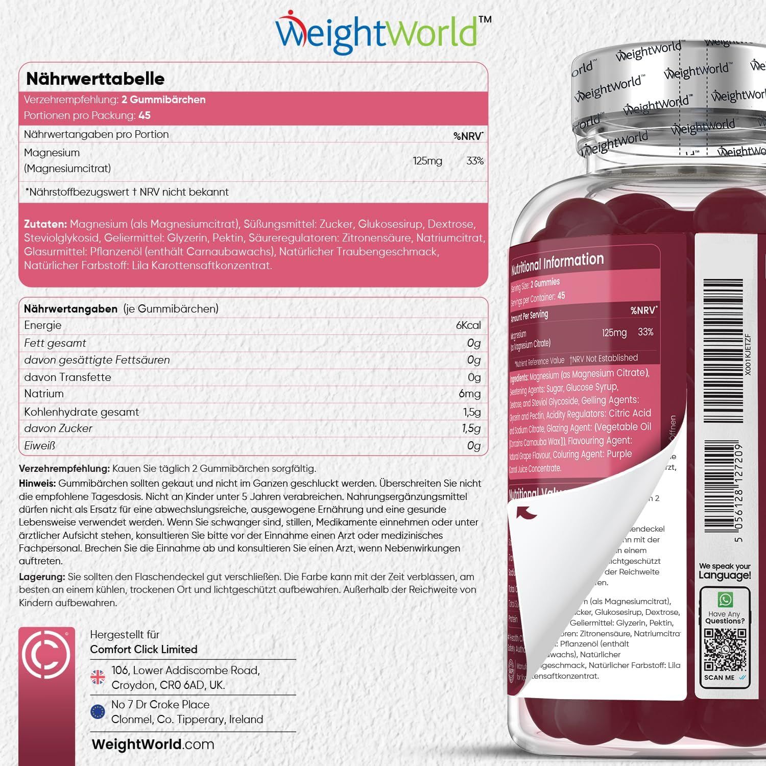 Primo piano della tabella nutrizionale e degli ingredienti sul retro di un flacone di caramelle gommose al magnesio.