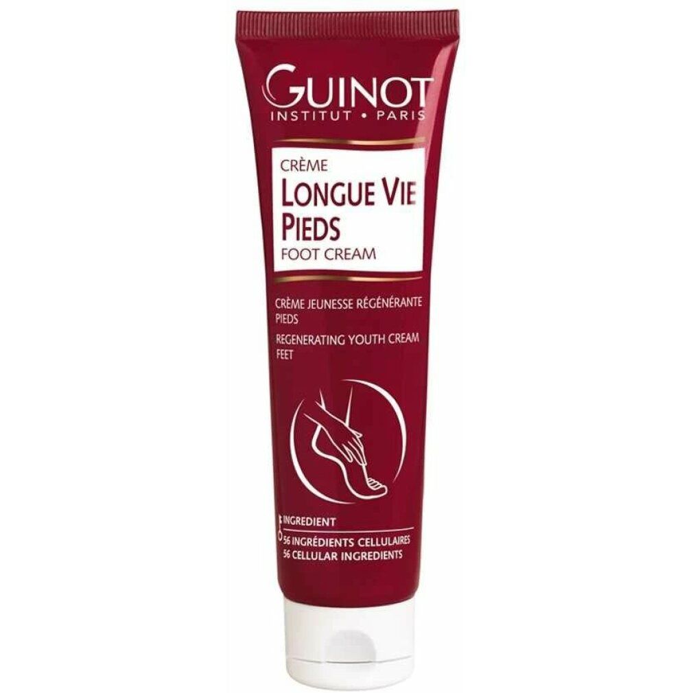 Tubo rosso Guinot Longue Vie Pieds. Scritta: Foot Cream. Contiene 125 ml. Tappo bianco. Logo Guinot.