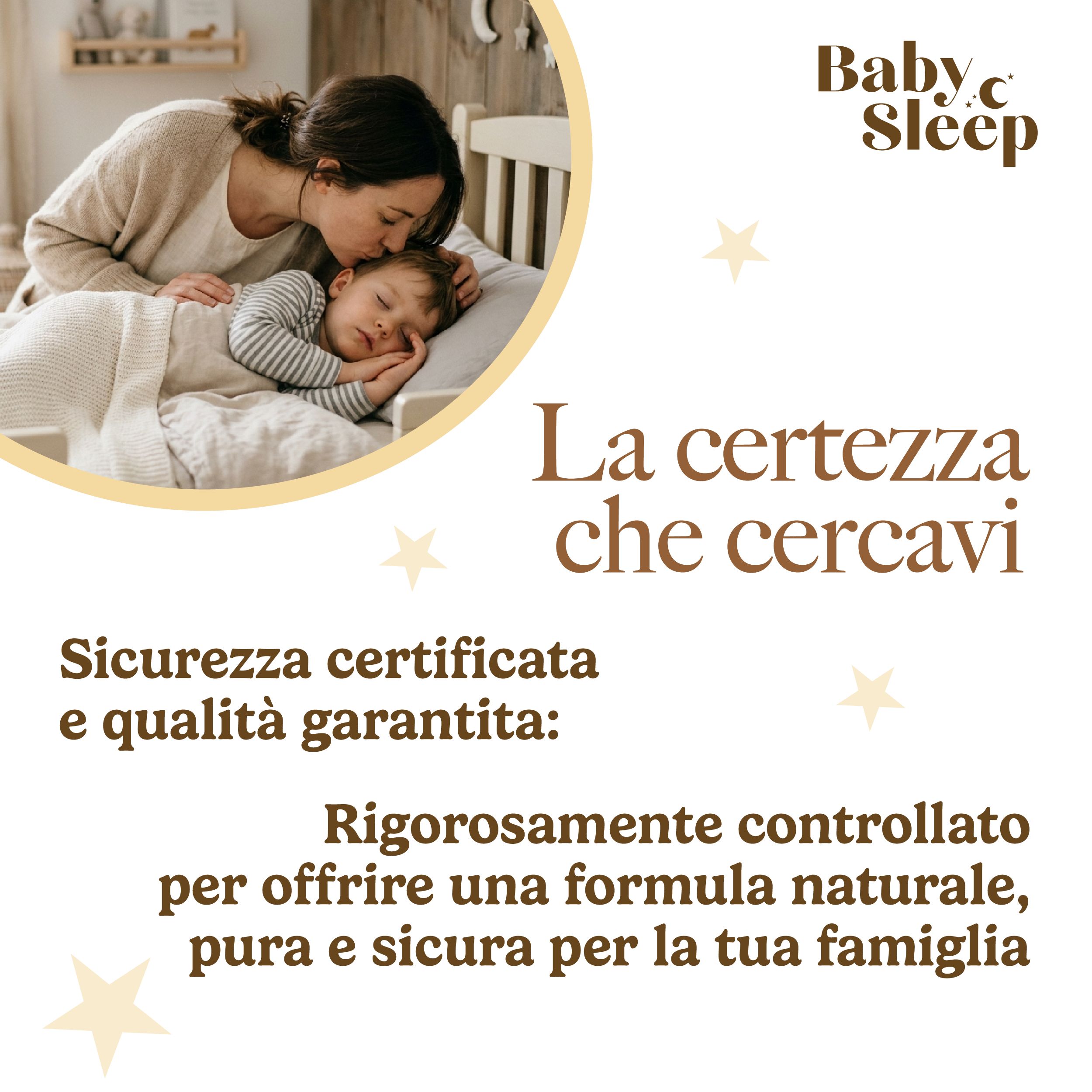 Madre bacia bambino addormentato. Baby Sleep: sicurezza certificata e qualità garantita.