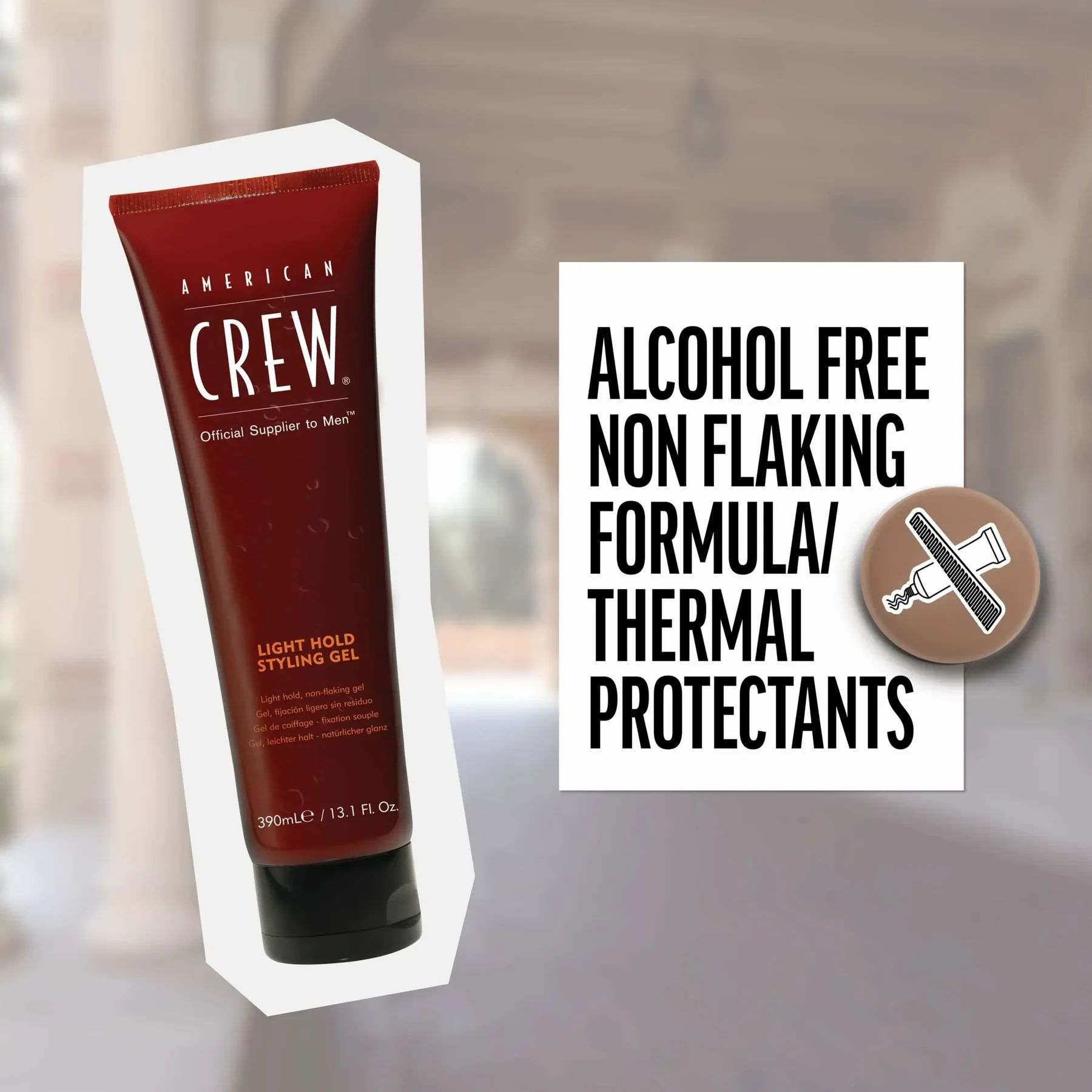 Tubo marrone, American Crew Light Hold Styling Gel. Testo: Alcohol Free, Non Flaking Formula, Thermal Protectants.