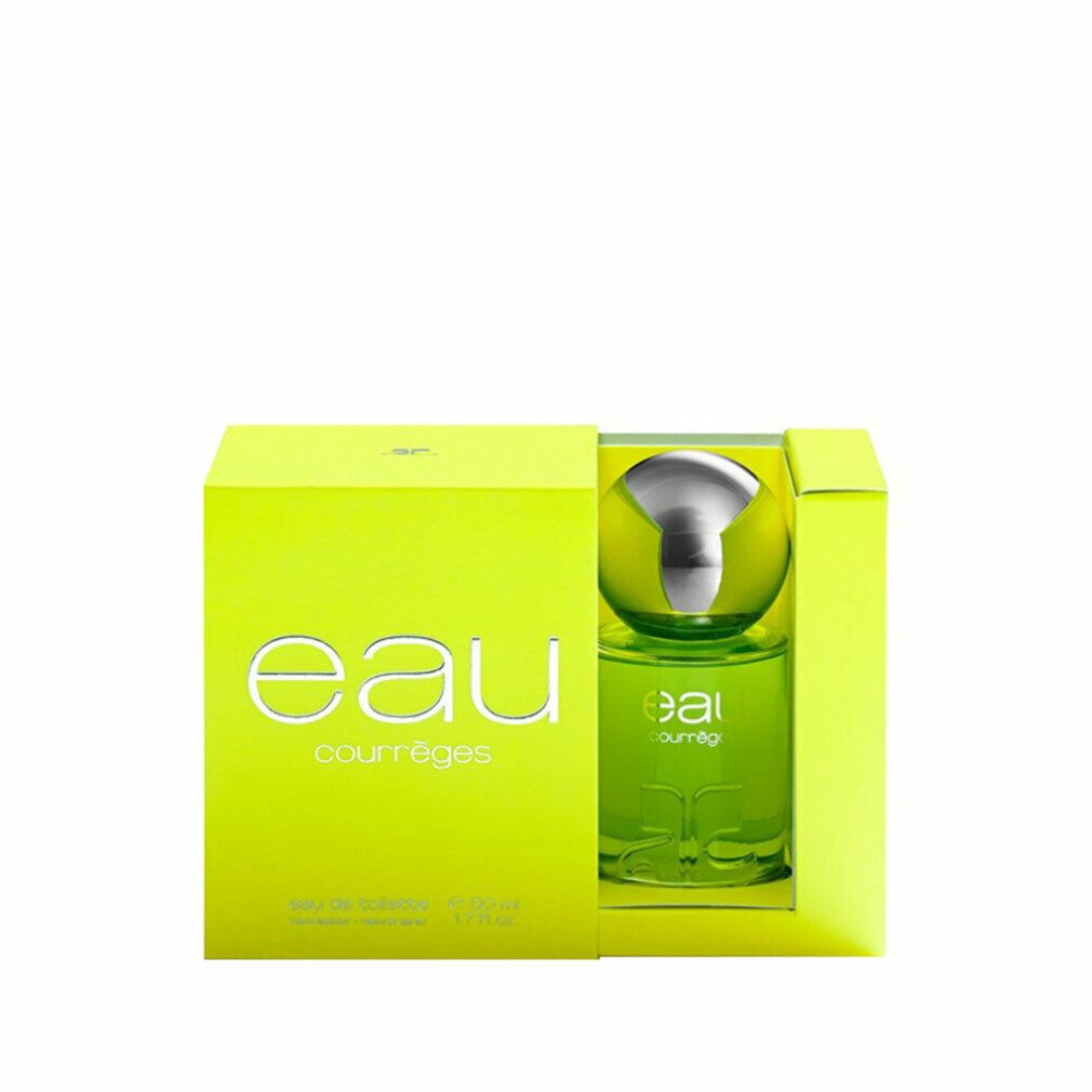 Flacone in vetro verde con tappo argentato in confezione gialla. Scritta "eau courrèges".