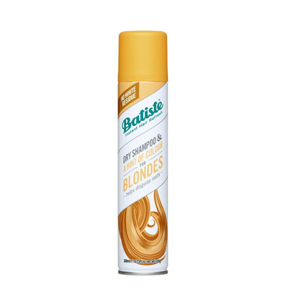 Flacone di shampoo secco con tappo giallo e testo. Contiene "Batiste" e "BLONDES".
