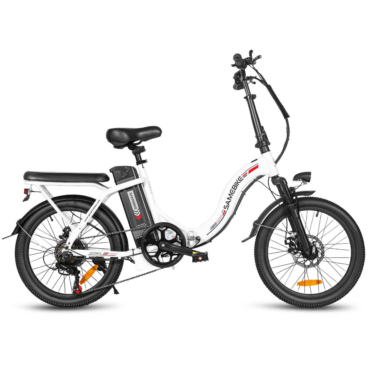 E-bike pieghevole bianca e nera, con faro. Marchio SAMEBIKE.