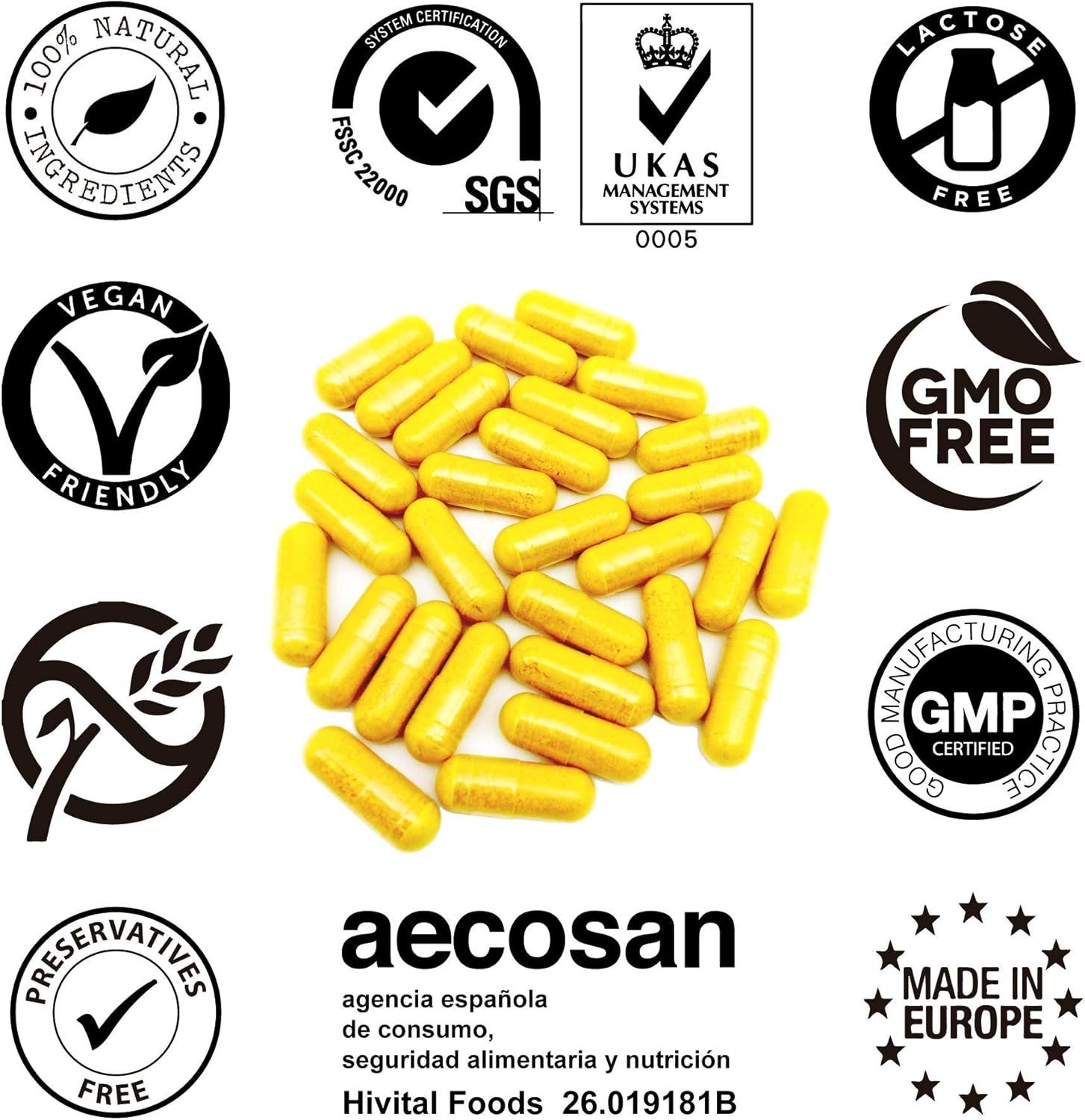 Capsule gialle sparse. Loghi: ingredienti naturali al 100%, vegano, senza OGM, senza lattosio, senza conservanti, Made in Europe.