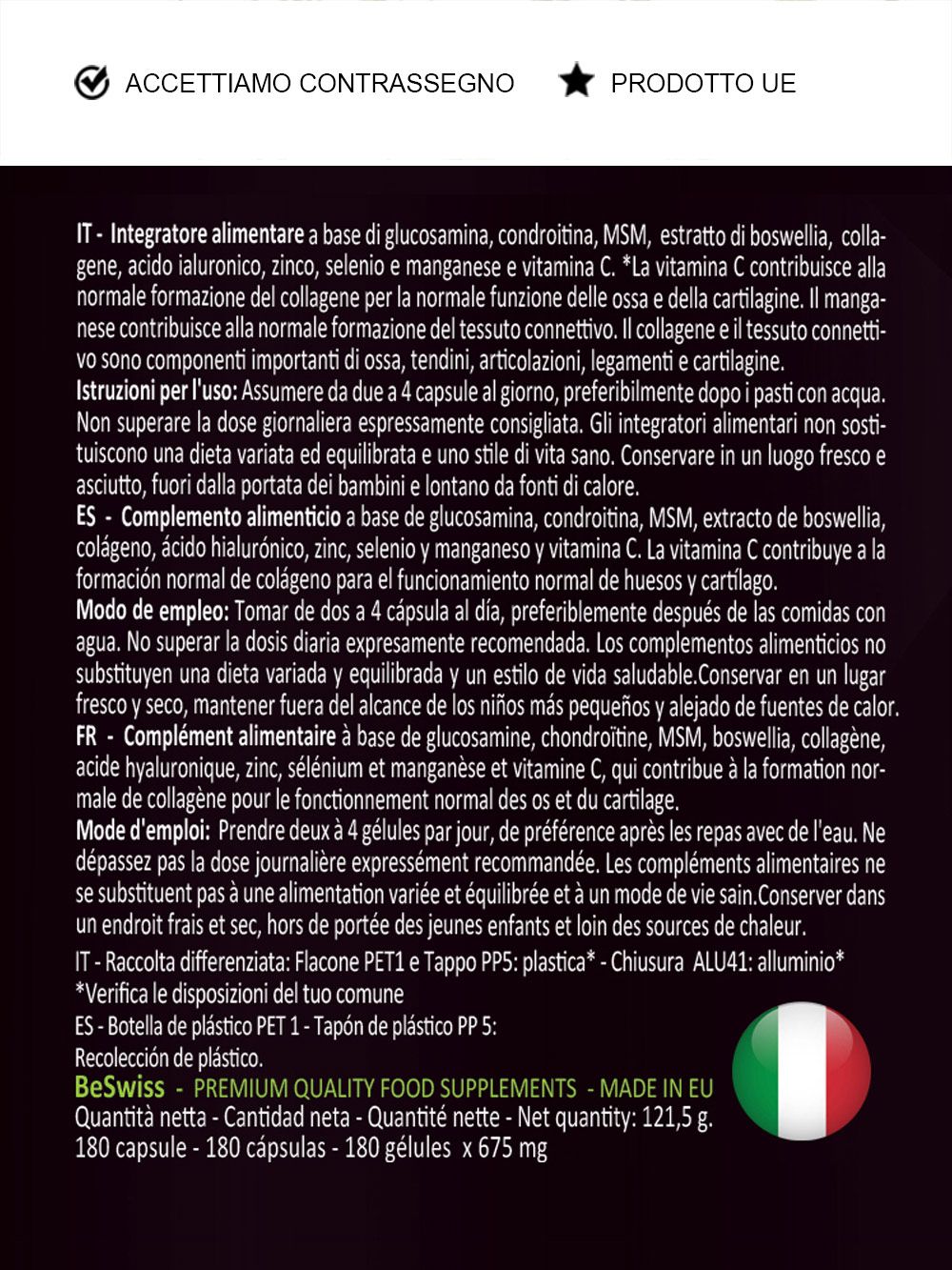 Testo su ArtiFlex Forte. Contiene informazioni su ingredienti, uso e avvertenze. Bandiera italiana.