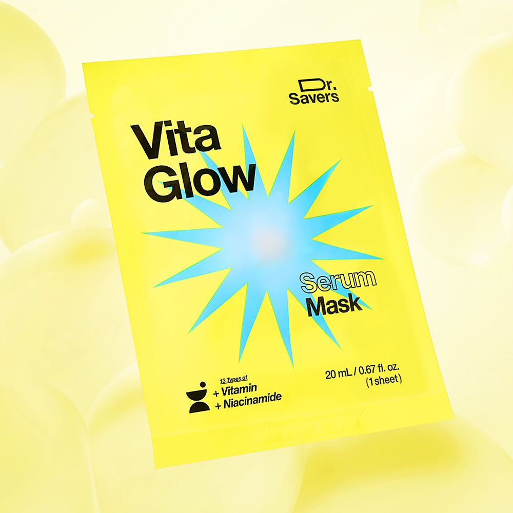 Retro di una confezione gialla per maschera siero Vita Glow con istruzioni.