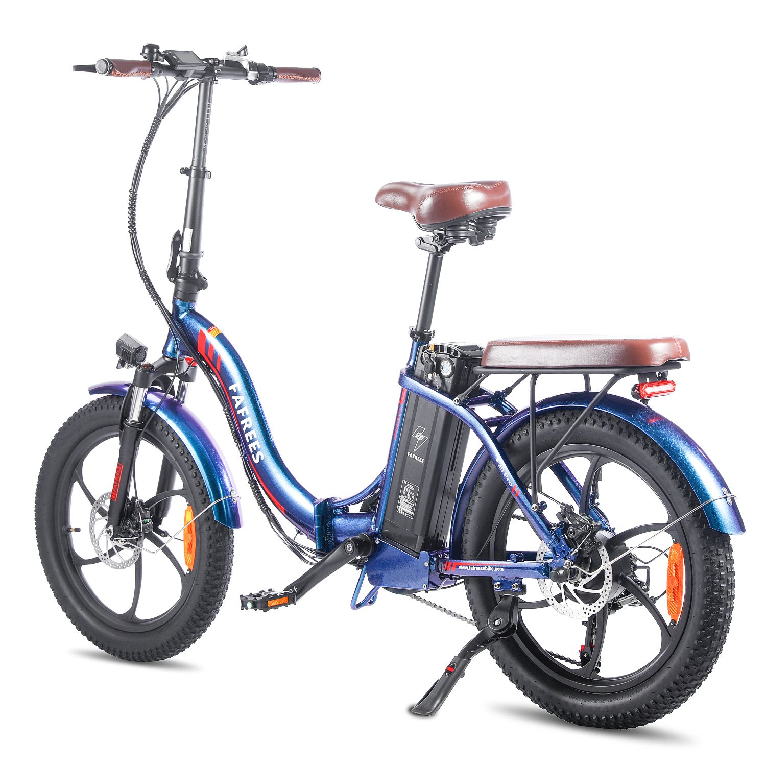 E-bike Fafrees F20 Pro blu, sella marrone, portapacchi. Pneumatici e cerchi neri. Batteria sul telaio.