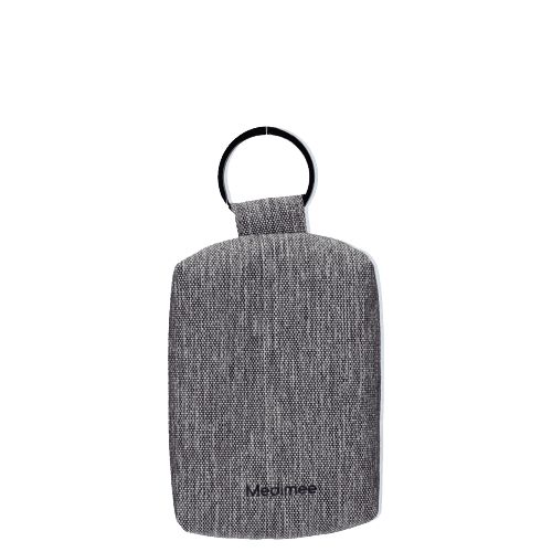 Borsa per medicinali grigia con portachiavi, retro con logo discreto.