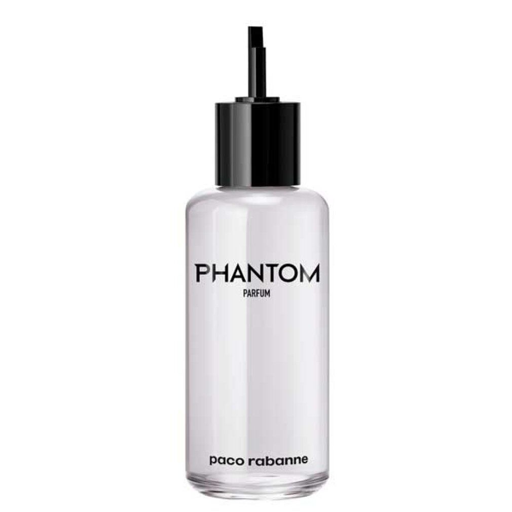 Flacone trasparente con tappo nero. Sul flacone sono presenti le scritte "Phantom Parfum" e "Paco Rabanne".
