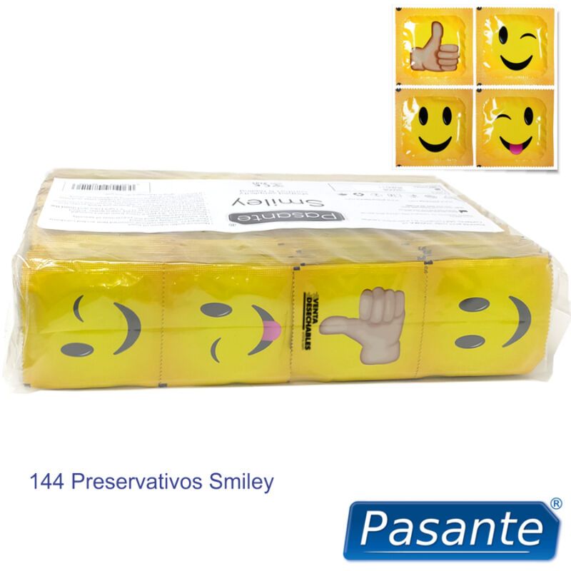 Confezione di preservativi Pasante Smiley. Confezioni gialle con faccine sorridenti. Scritta: 144 Preservativos Smiley. Nome prodotto: Pasante.