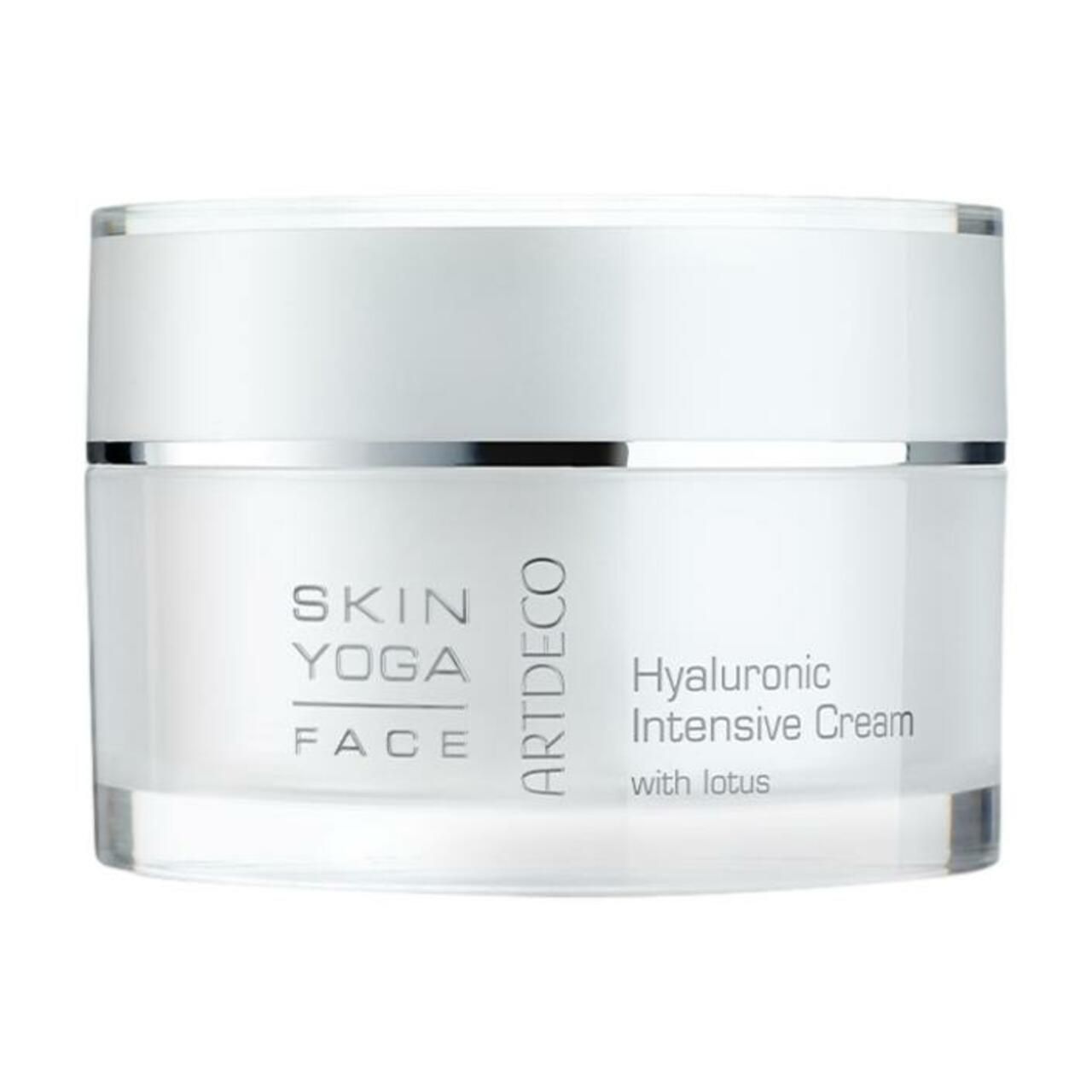 Vasetto di crema con coperchio. Scritta: Skin Yoga Face, Artdeco, Hyaluronic Intensive Cream with lotus.