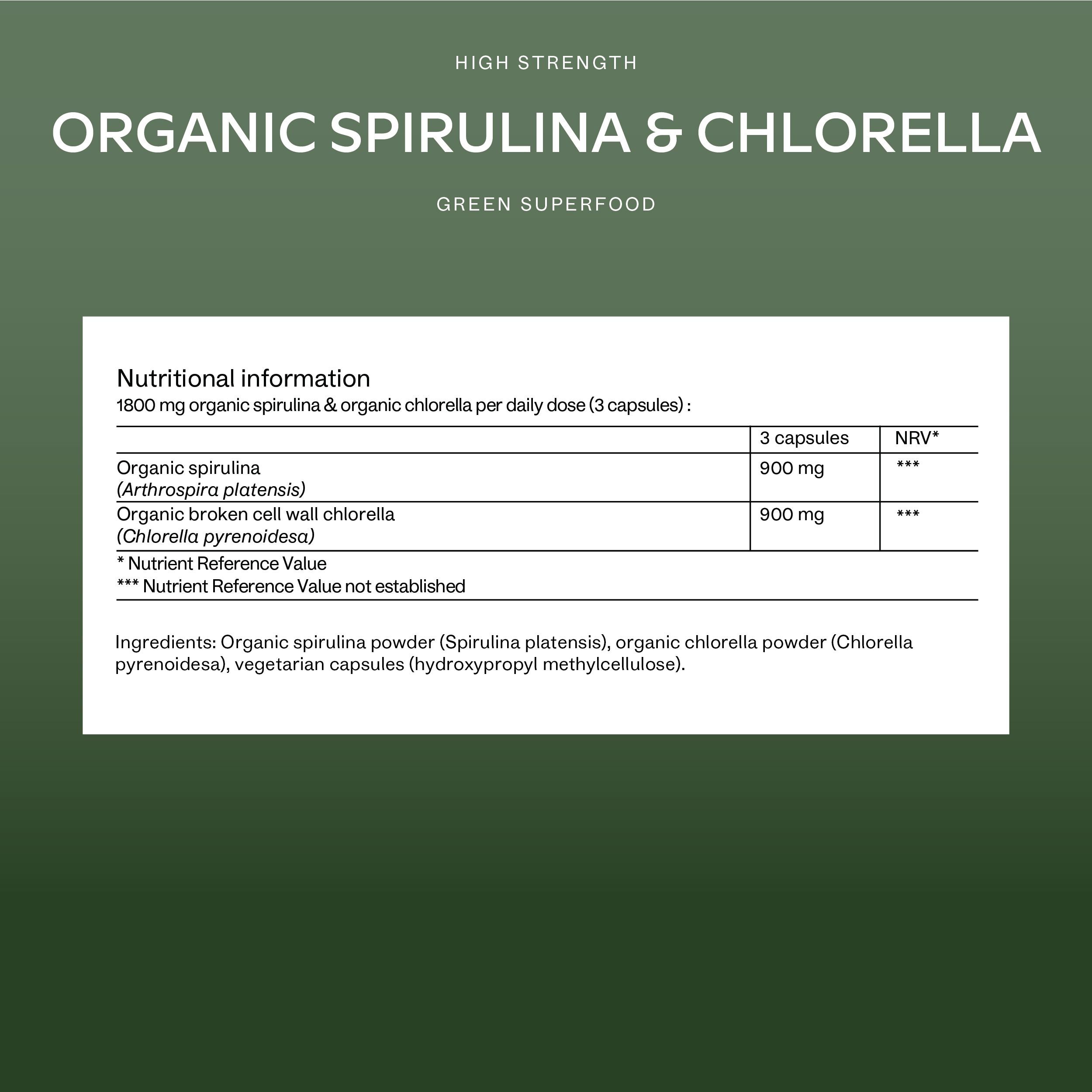 Testo su sfondo verde: Organic Spirulina & Chlorella. Informazioni nutrizionali.