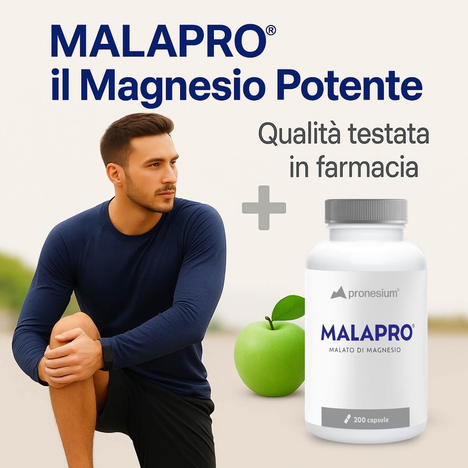 Uomo che si piega. Testo: MALAPRO il Magnesio Potente. Flacone: MALAPRO, 200 capsule. Mela.