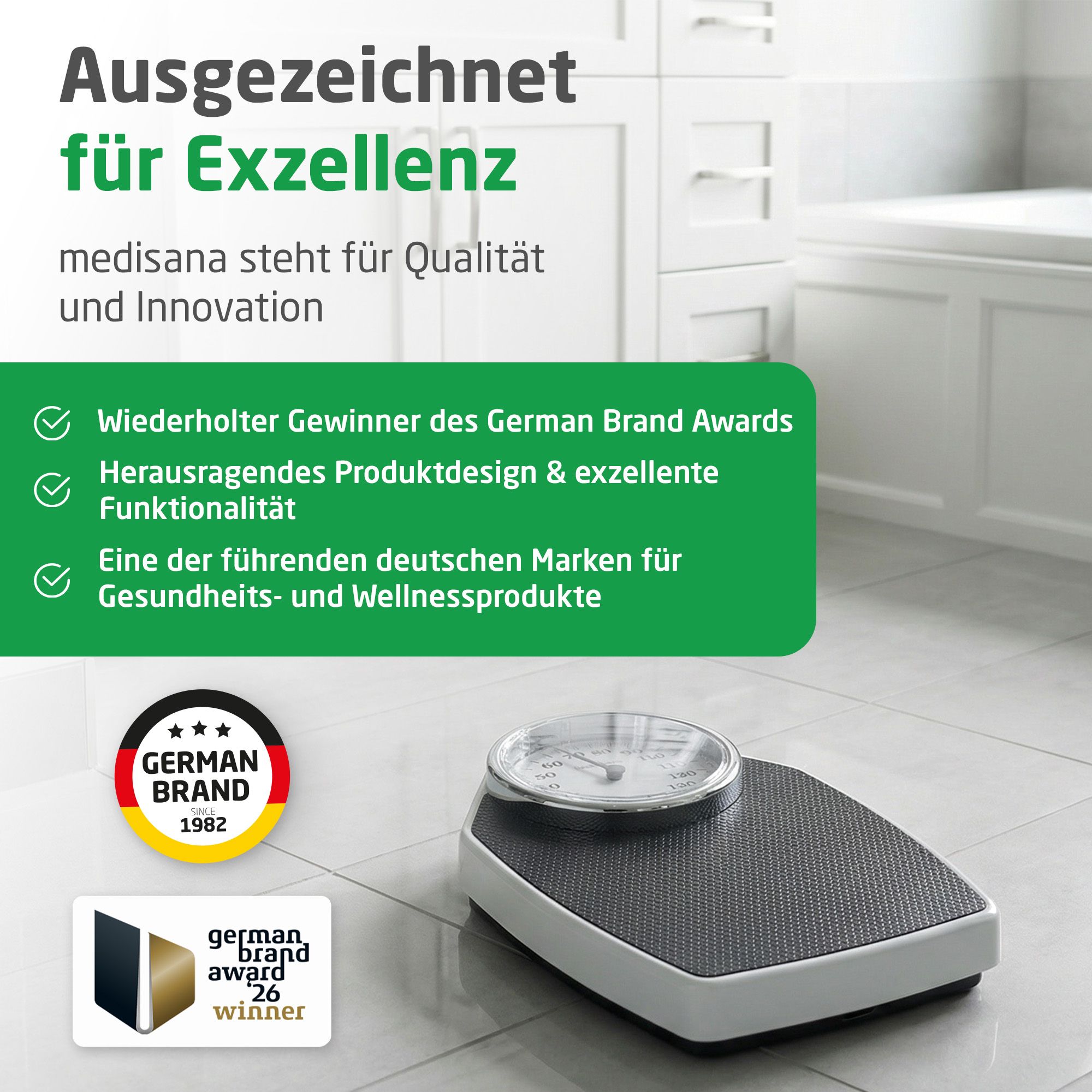 Bilancia personale analogica con logo Medisana. Premiata per design e funzionalità, German Brand Award.