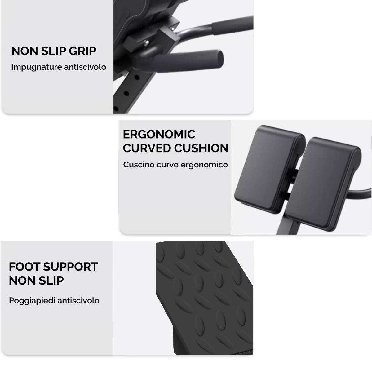 Primi piani dei dettagli della panca fitness: impugnatura antiscivolo, cuscino ergonomico, poggiapiedi antiscivolo. Nero.