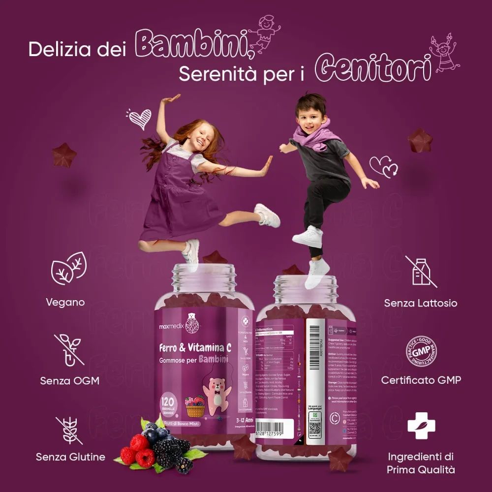 Due flaconi di caramelle gommose. Scritta: Ferro & Vitamina C per bambini. Vegano, senza glutine, senza lattosio, certificato GMP.