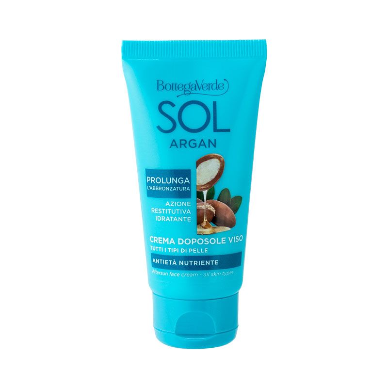 Bottega Verde SOL Argan Crema doposole viso. Tubo turchese con tappo a scatto.