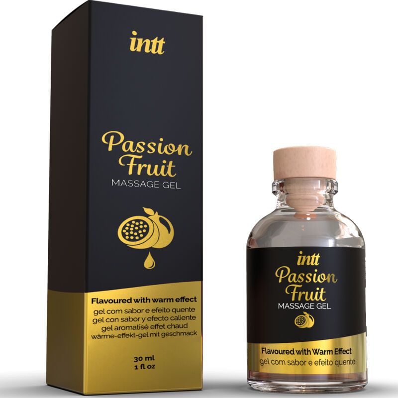Flacone e confezione di gel da massaggio al frutto della passione. Contiene 30 ml.