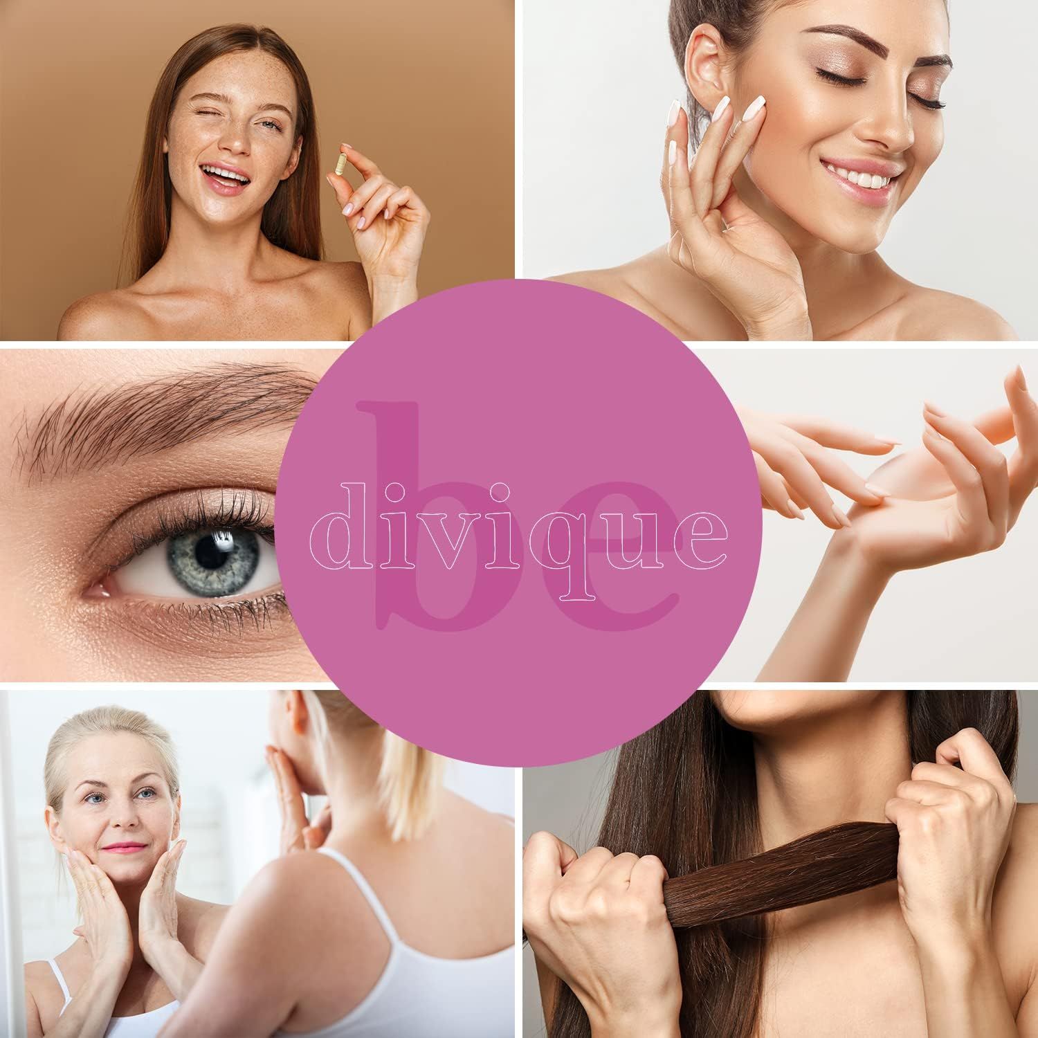 Collage di donne. Primi piani di occhi, pelle, capelli. Logo: divique.