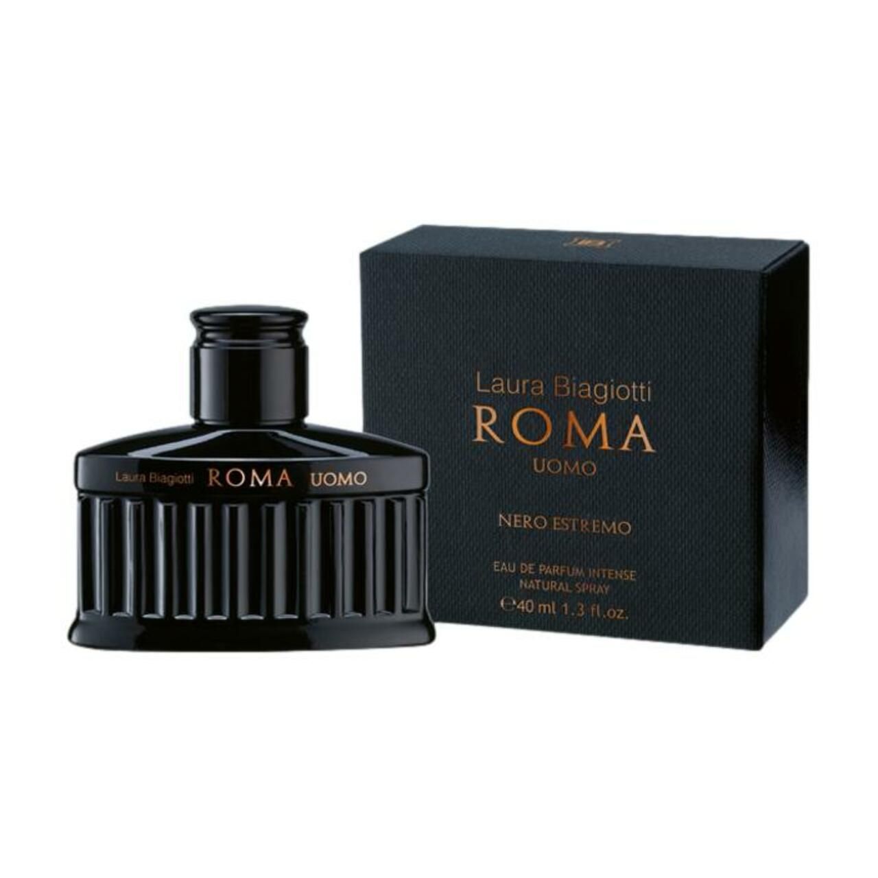Flacone e scatola neri Laura Biagiotti Roma Uomo Nero Estremo. Flacone con scritta dorata, scatola con testo.