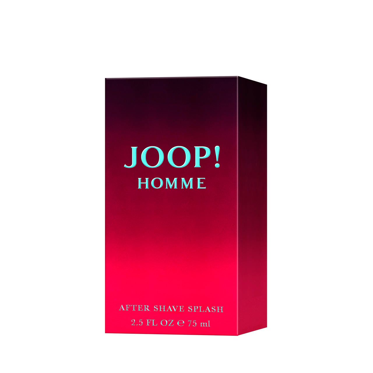 Confezione Joop! Homme After Shave. Sfumatura da rosso a nero. Scritta JOOP! HOMME e After Shave Splash.