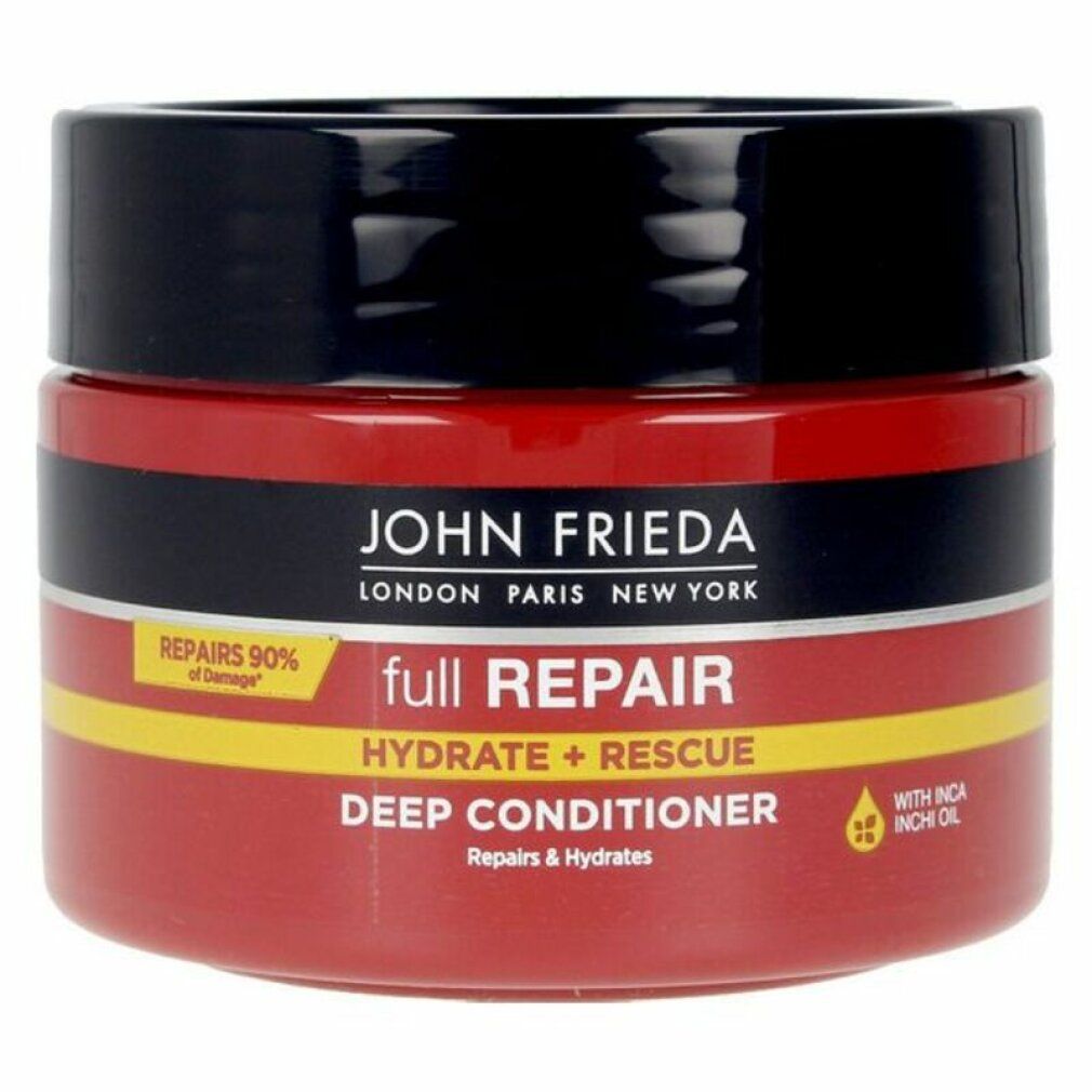 Vaso rosso con coperchio nero. Scritta: John Frieda, full Repair, Hydrate + Rescue, Deep Conditioner. Dettagli gialli.
