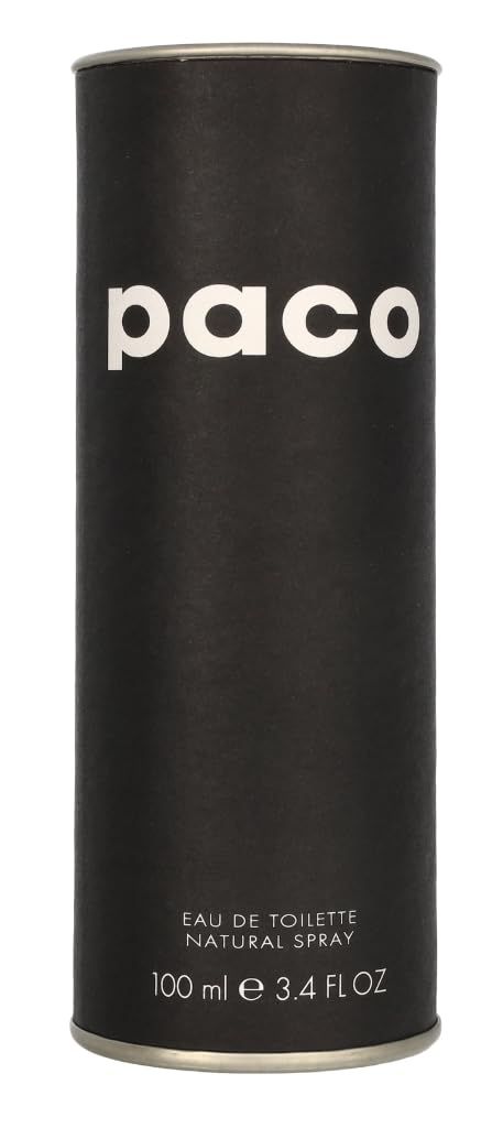 Confezione cilindrica nera. Scritta "paco" in bianco. Testo: "Eau de Toilette Natural Spray". Indicazione del volume: 100 ml.