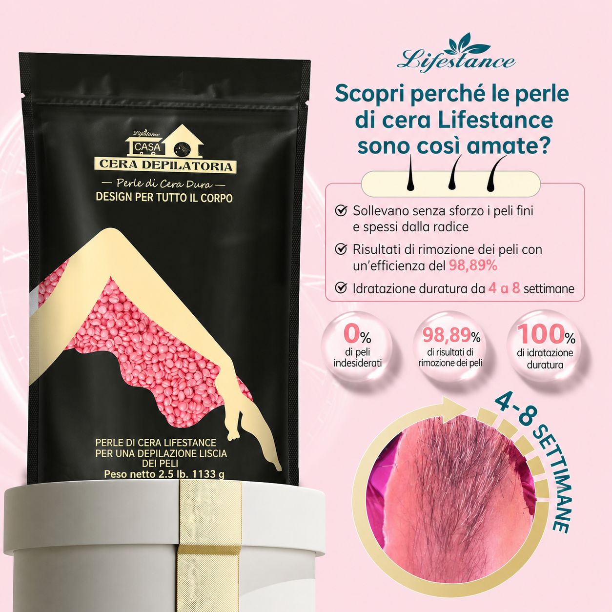 Confezione nera con perle di cera rosa. Testo: Lifestance, cera depilatoria, design per tutto il corpo. 0% peli indesiderati.