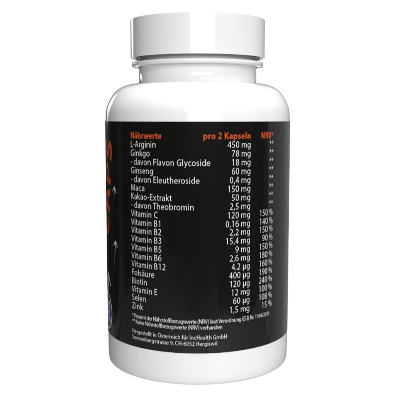 Flacone bianco, retro con etichetta nera. Tabella nutrizionale con ingredienti e valori % NRV. Testo in bianco.