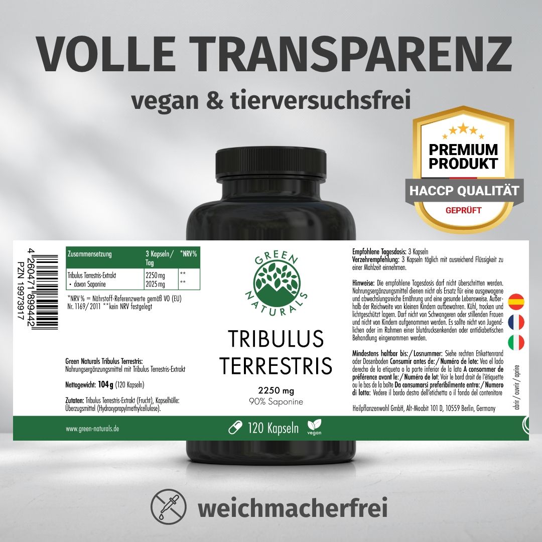 Barattolo di capsule Tribulus Terrestris con etichetta: 2250 mg, 120 capsule, vegan, cruelty-free. Prodotto Premium, Qualità HACCP.
