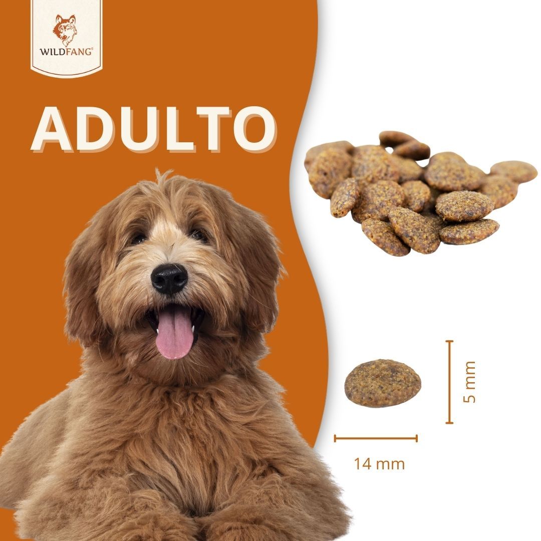Crocchette di cibo secco, marroni, 14 mm x 5 mm. Testo: Wildfang, Adulto.