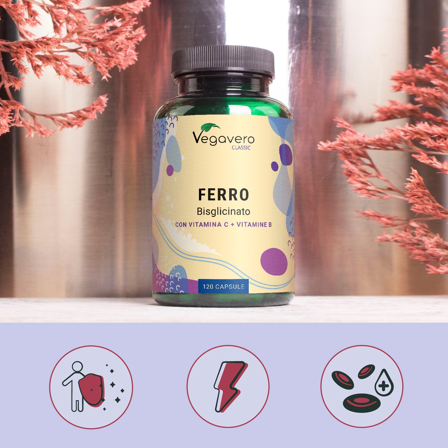 Flacone verde con capsule. Scritta: Ferro Bisglicinato. Marchio: Vegavero. Icone: sistema immunitario, energia, sangue.