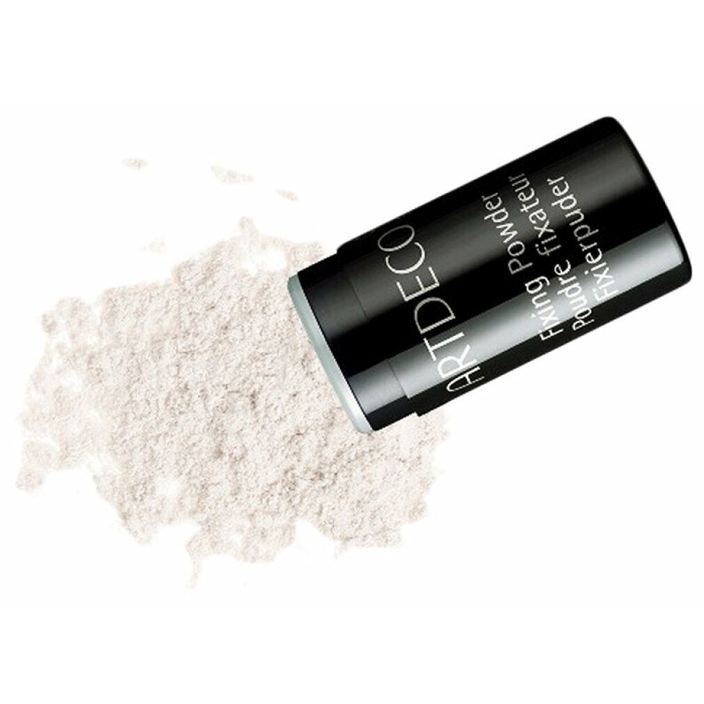 Barattolo nero da cui fuoriesce polvere bianca. Scritta: ARTDECO, Fixing Powder, Poudre fixante, Fixierpuder.
