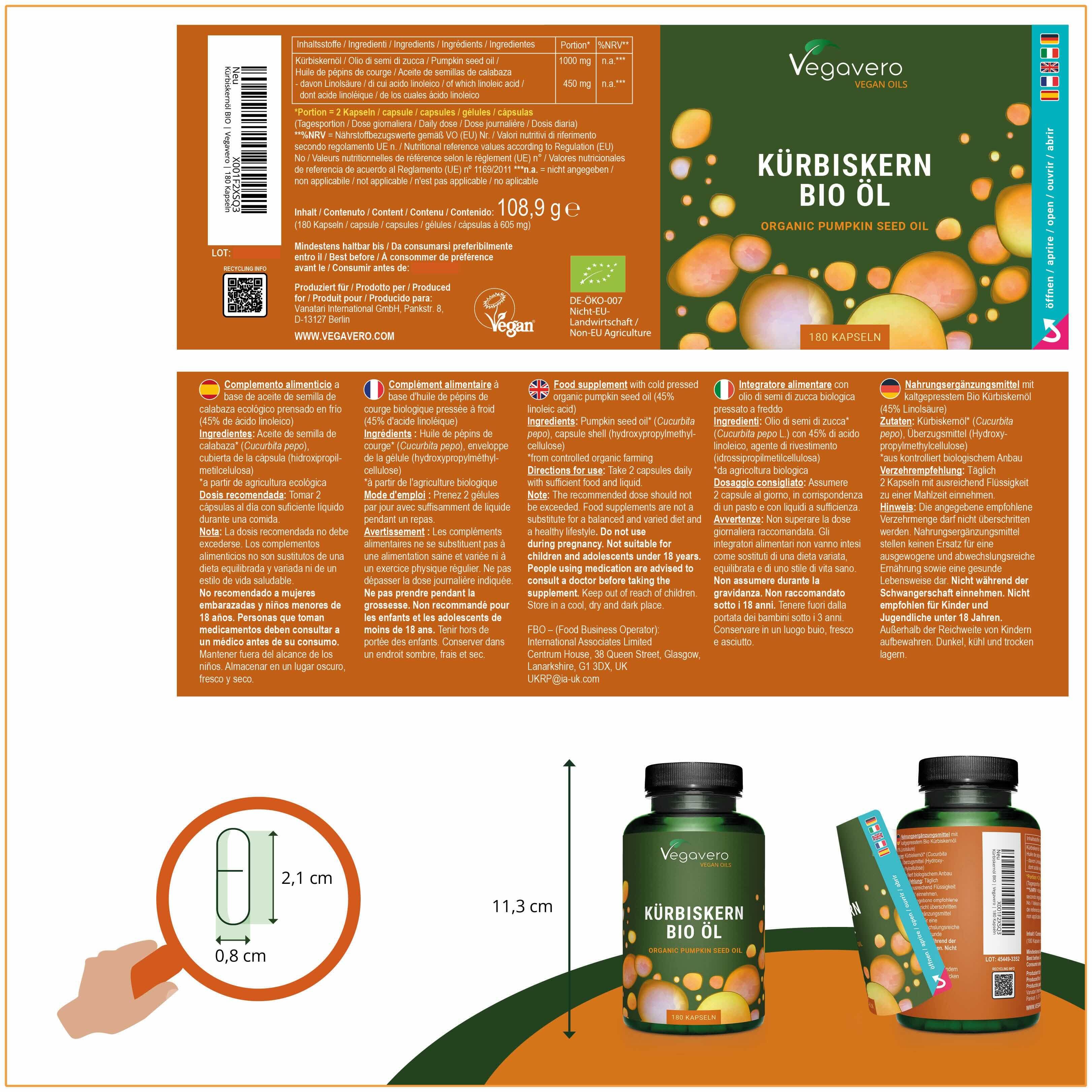 Confezione del prodotto con etichetta. Contiene informazioni su ingredienti, valori nutrizionali e certificazioni. Logo Vegavaro.