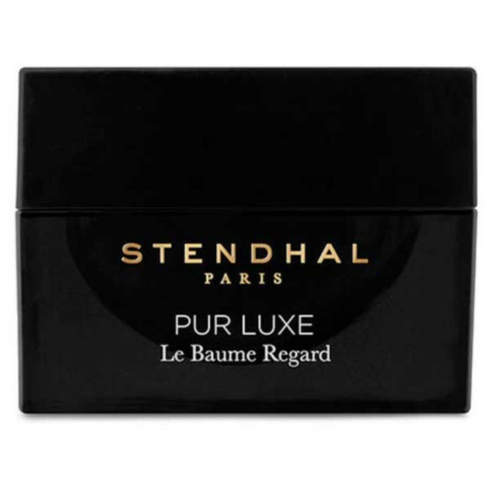 Vaso nero con scritta dorata. Scritta: STENDHAL PARIS, PUR LUXE Le Baume Regard.