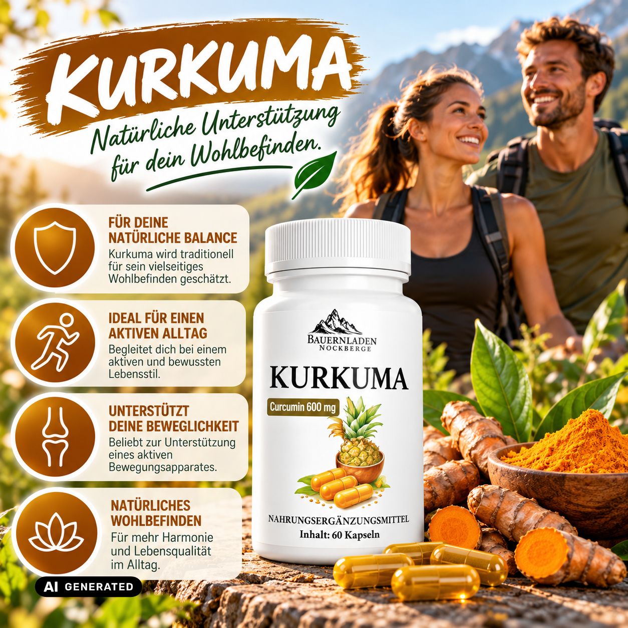 Bottiglia di integratori alla curcuma, con etichetta 'BAUERNLADEN NOCKBERGE', Curcumin 600 mg.