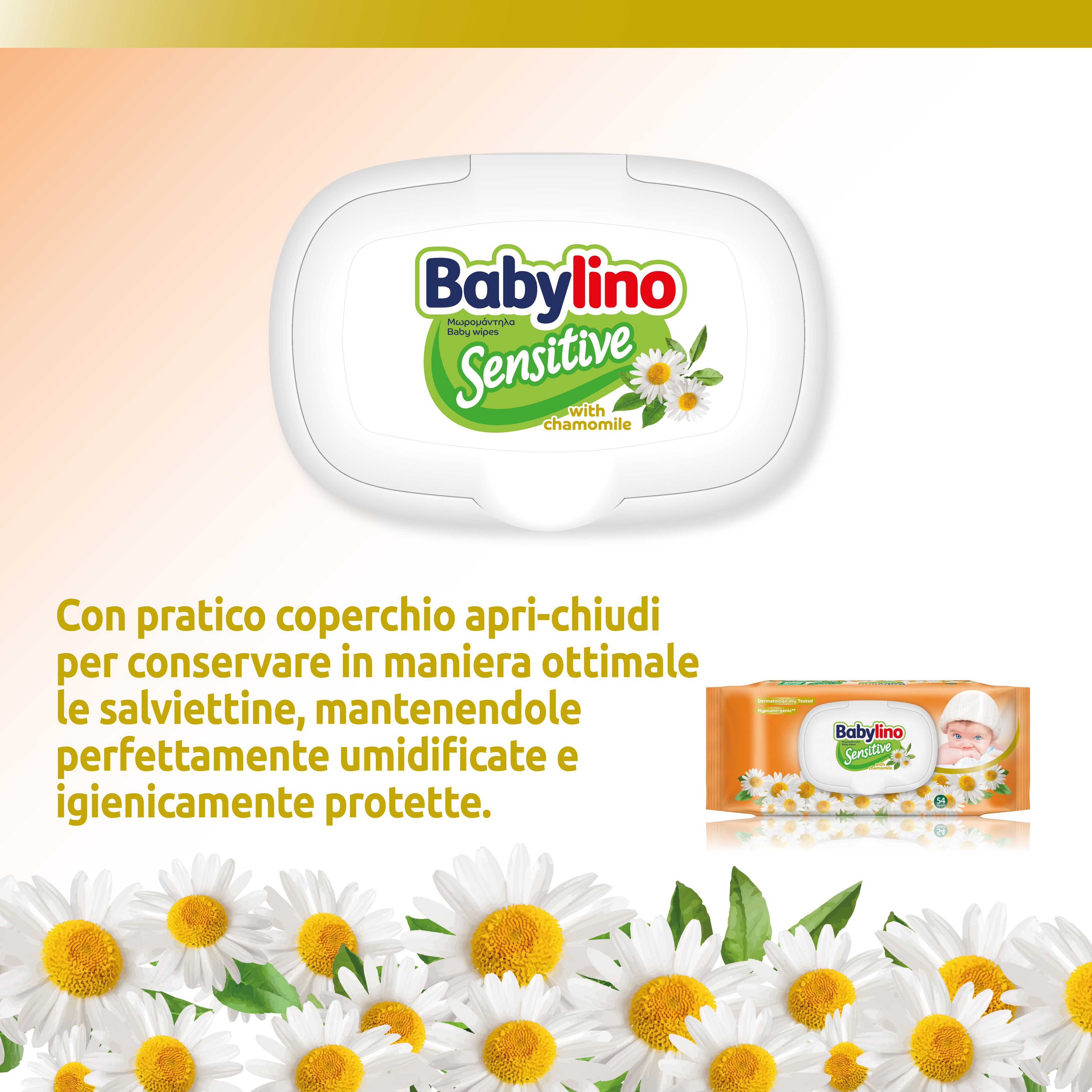 Testo: Con pratico coperchio apri-chiudi. Confezione sullo sfondo. Le salviette rimangono perfettamente umide e protette igienicamente.