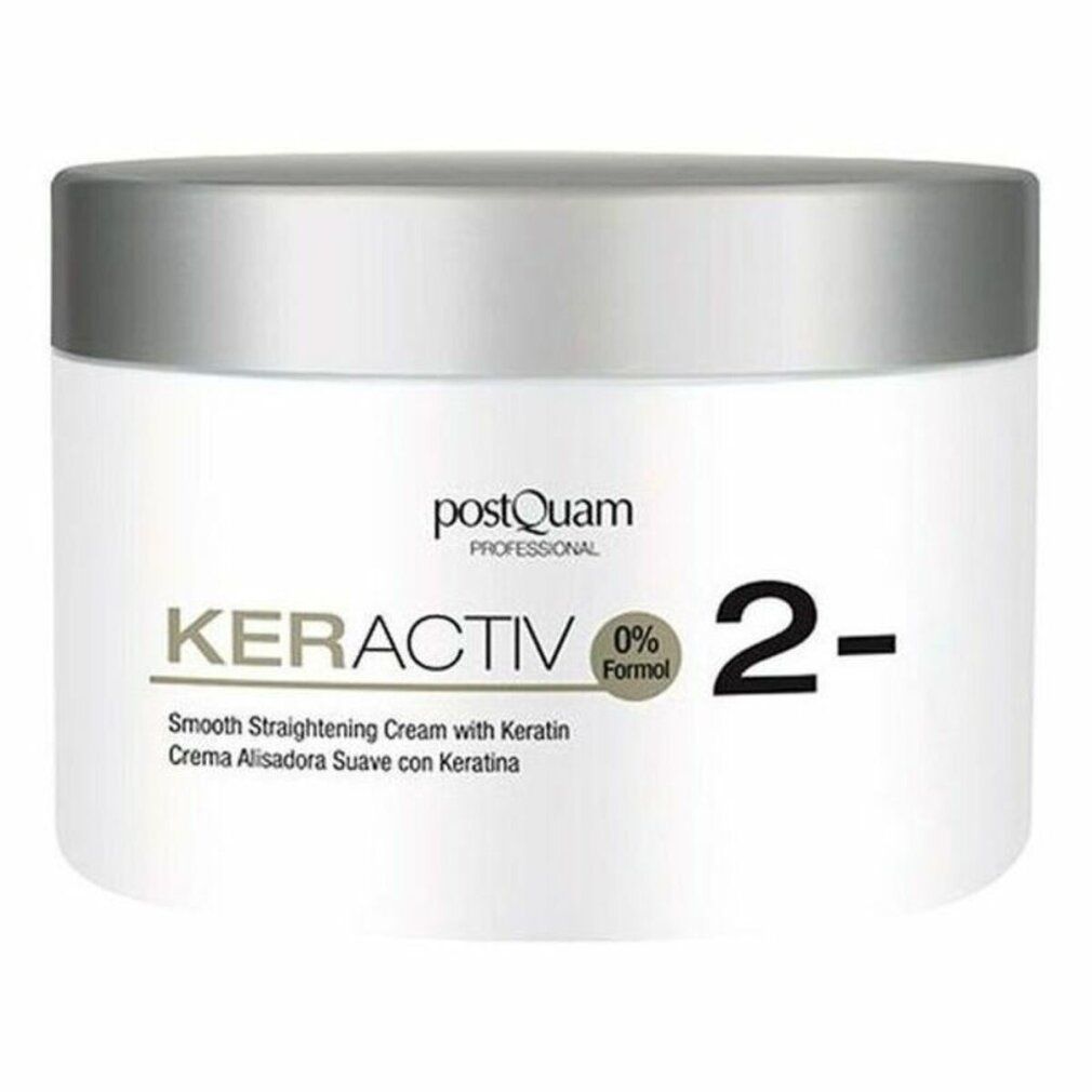 Vaso bianco con coperchio argentato. Scritta: KERACTIV, 0% Formal, 2-. Testo: Smooth straightening cream with Keratin.