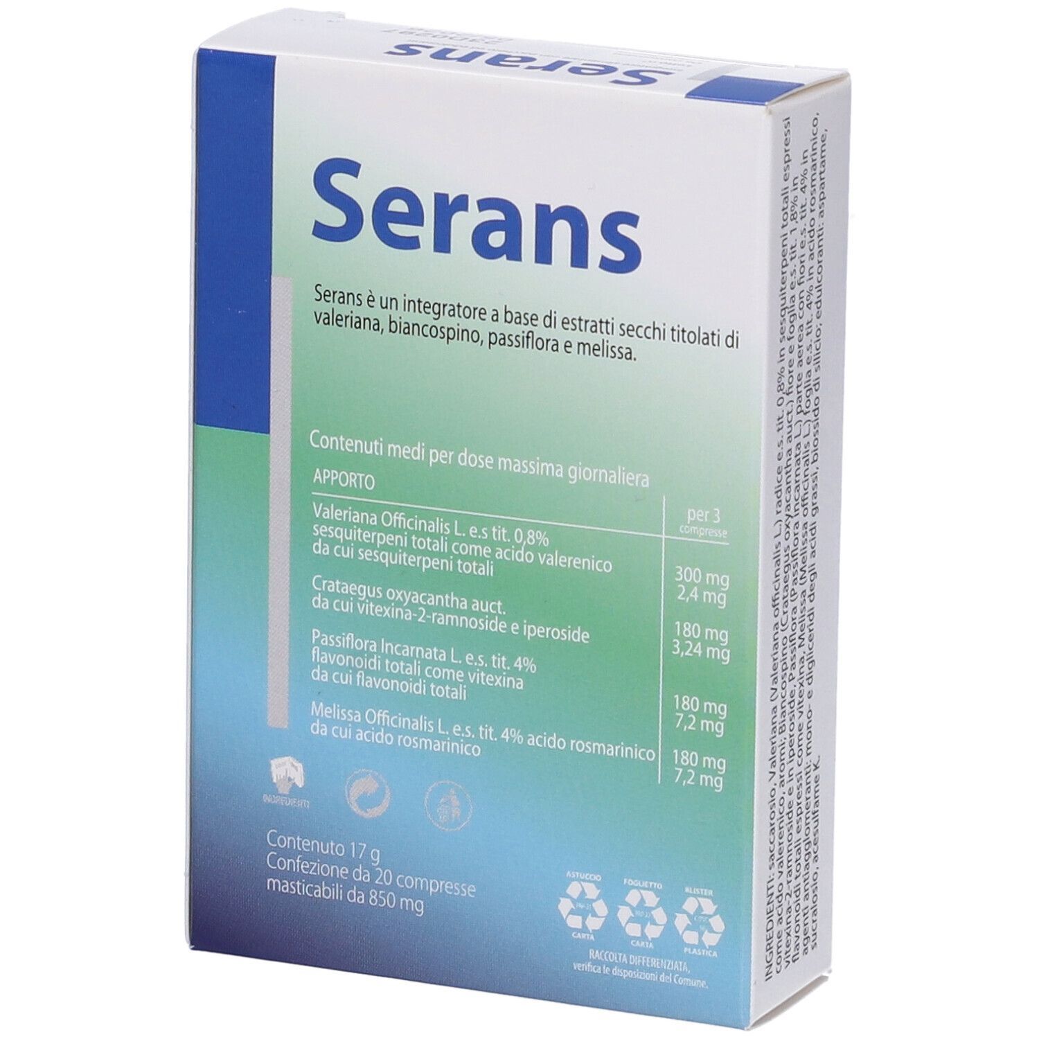 Confezione "Serans" con informazioni nutrizionali. Elementi blu e verdi. Testo in italiano.