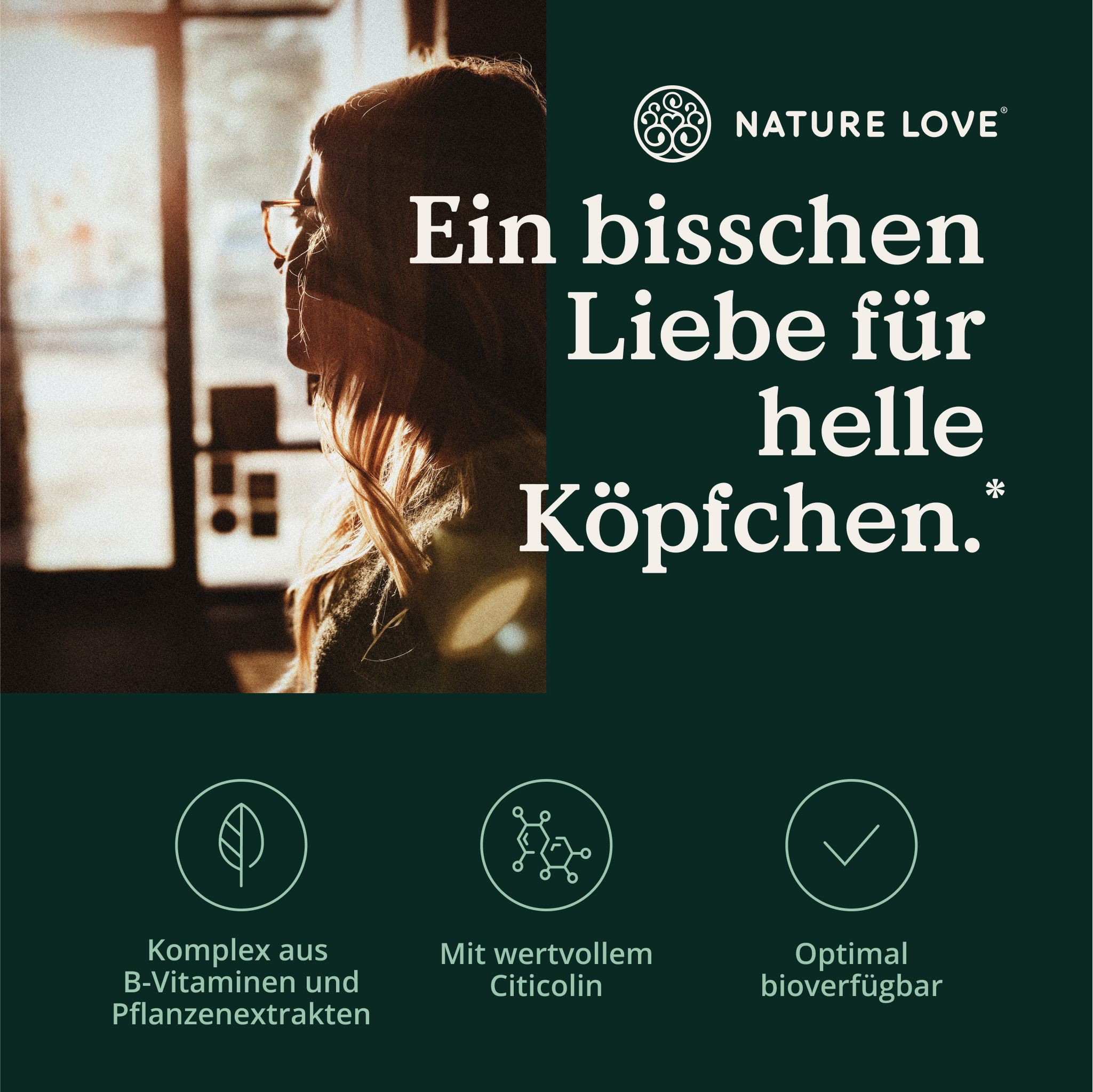 Donna con occhiali. Testo: Complesso di vitamine B ed estratti vegetali, Con preziosa citicolina, Ottimale biodisponibilità.