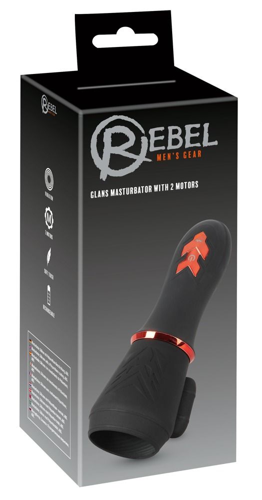 Masturbatore nero con dettaglio rosso, confezionato. Sulla confezione "Rebel Men's Gear".