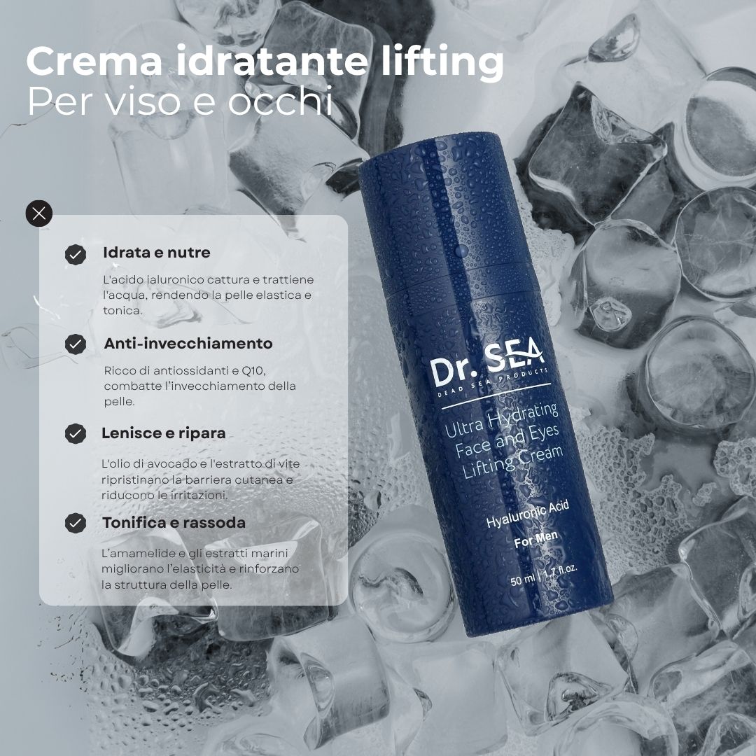 Tubo di crema blu su cubetti di ghiaccio. Testo: Crema lifting idratante, per viso e occhi. Ingredienti e benefici.
