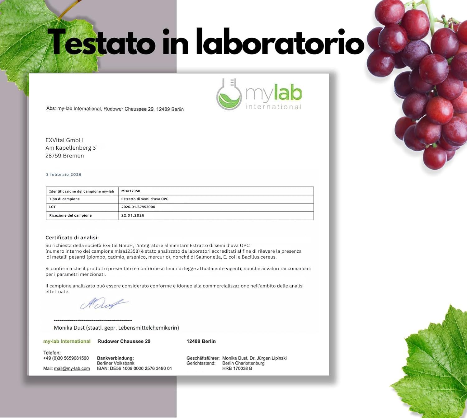 Flacone EXVital OPC estratto di semi d'uva con informazioni nutrizionali e sigilli.