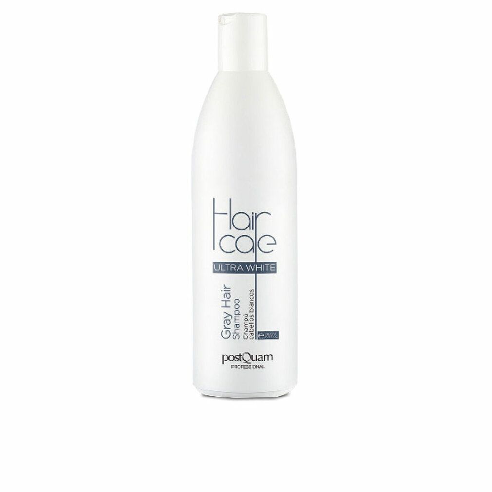Flacone bianco con etichetta "Hair care Ultra White Gray Hair Shampoo". Marchio: Postquam. Vista verticale.
