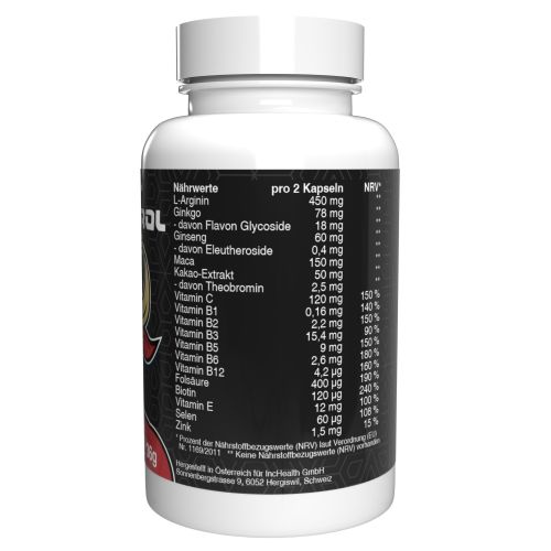 Retro di un flacone bianco di integratore alimentare. Tabella nutrizionale con ingredienti per 2 capsule e valori NRV.