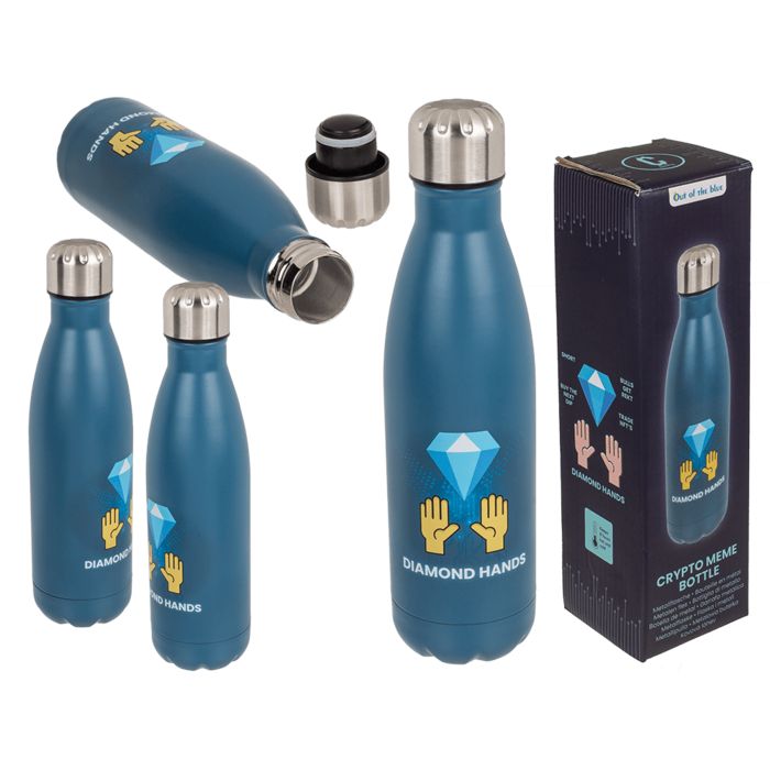 Diverse borracce, una con tappo a parte, una in confezione. Blu, con motivo diamante e mani.