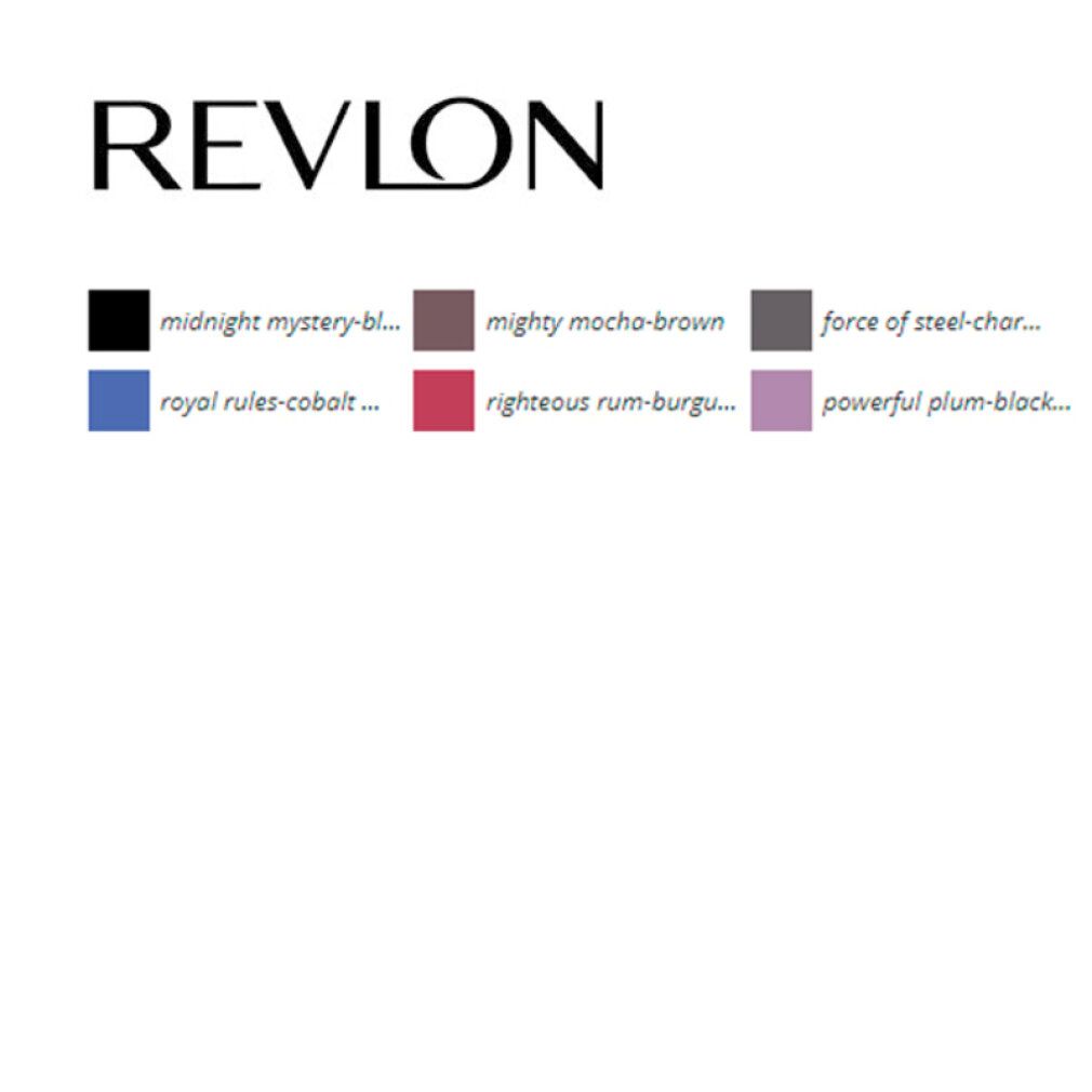 Logo Revlon e campioni di colore eyeliner. Colori: nero, marrone, blu, rosso, viola.