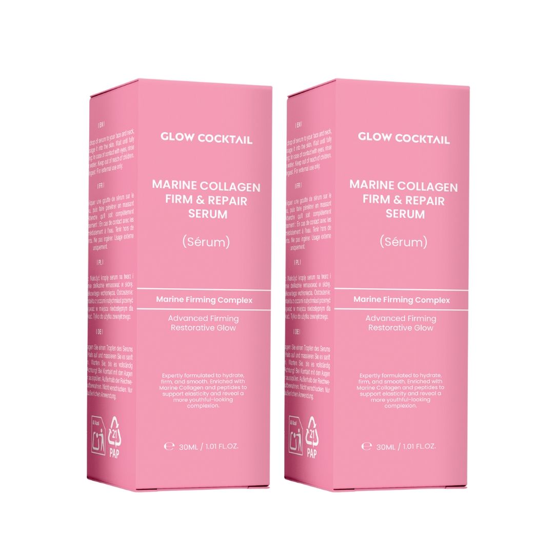 Due confezioni rosa con testo. Nome prodotto: Glow Cocktail Marine Collagen Firm & Repair Serum. Confezioni rosa con testo bianco.
